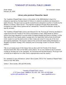 TOWNSHIP OF RUSSELL PUBLIC LIBRARY Press release February 10, 2009 For immediate release