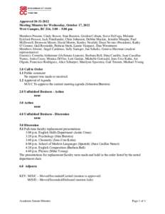 Approved[removed]Meeting Minutes for Wednesday, October 17, 2012 West Campus, BC 214, 3:00 – 5:00 pm Members Present: Cindy Bower, Stan Bursten, Gordon Coburn, Steve DaVega, Melanie Eckford-Prossor, Jack Friedlander
