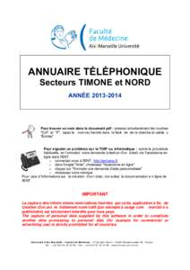 ANNUAIRE TÉLÉPHONIQUE Secteurs TIMONE et NORD ANNÉE[removed]Pour trouver un nom dans le document pdf : pressez simultanément les touches 