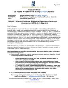 Page 1 of 4  This is an official MS Health Alert Network (HAN) Advisory Update MESSAGE ID: