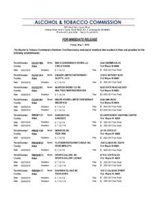 FOR IMMEDIATE RELEASE Friday, May 7, 2010 The Alcohol & Tobacco Commission Chairman Tom Snow today announced violations that resulted in fines and penalties for the following establishments: