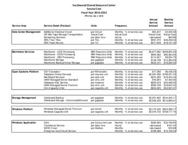 Southwood Shared Resource Center Service Cost Fiscal Year[removed]Effective July 1, 2014  Service Area