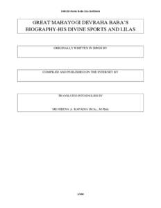SHRI DEVRAHA BABA LILA DARSHAN  GREAT MAHAYOGI DEVRAHA BABA’S BIOGRAPHY-HIS DIVINE SPORTS AND LILAS  ORIGINALLY WRITTEN IN HINDI BY