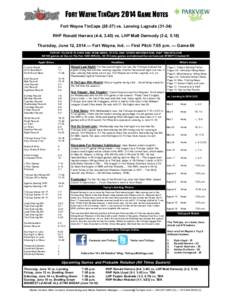 FORT WAYNE TINCAPS 2014 GAME NOTES Fort Wayne TinCaps[removed]vs. Lansing Lugnuts[removed]RHP Ronald Herrera (4-4, 3.45) vs. LHP Matt Dermody (3-2, 5.18) Thursday, June 12, 2014 — Fort Wayne, Ind. — First Pitch 7:05 