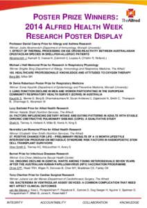 POSTER PRIZE WINNERS: 2014 ALFRED HEALTH WEEK RESEARCH POSTER DISPLAY Professor Daniel Czarny Prize for Allergy and Asthma Research Winner: Jodie Abramovitch (Department of Immunology, Monash University) 1. EFFECT OF THE