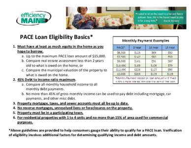 PACE Loan Eligibility Basics* 1. Must have at least as much equity in the home as you hope to borrow. a. Up to the maximum PACE loan amount of $15,000. b. Compare real estate assessment less than 2 years old to what is o