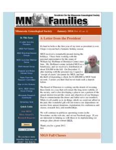     Minnesota Genealogical Society       JanuaryVol. 45, no. 1) In This Issue A Letter from the