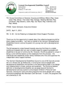 Vermont Developmental Disabilities Council Mailing Address 103 S. Main St. Waterbury, VT[removed]Temporarily Located at 322 Industrial Lane Berlin VT