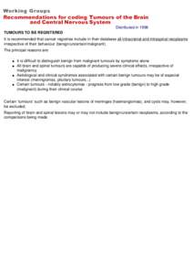 Distributed in 1998 TUMOURS TO BE REGISTERED It is recommended that cancer registries include in their database all intracranial and intraspinal neoplasms irrespective of their behaviour (benign/uncertain/malignant). The