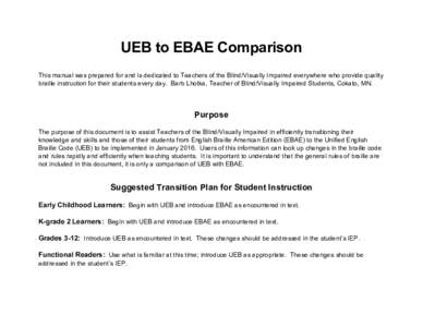UEB to EBAE Comparison This manual was prepared for and is dedicated to Teachers of the Blind/Visually Impaired everywhere who provide quality braille instruction for their students every day. Barb Lhotka, Teacher of Bli