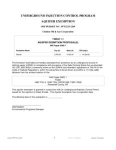 UNDERGROUND INJECTION CONTROL PROGRAM AQUIFER EXEMPTION OEP PERMIT NO. FPT3223-2269 Citation Oil & Gas Corporation TABLE 1.1 AQUIFER EXEMPTION PROPOSAL(S)