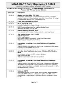 NOAA DART Buoy Deployment B-Roll Technical Note: Buoy deployed during this mission utilizes DART-I technology. For copies: call Video Transfer Inc., ([removed]For content information: E-mail [removed]