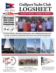 May 2013 Latitude N 30°[removed]Longitude W 89°05.35 St. Patrick Catholic High School Sailing Team went undefeated throughout the two days of racing for the Mississippi High School Team Racing Championship Results: St. 