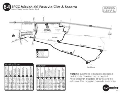 84 EPCC Mission del Paso via Clint & Socorro  MISSION VALLEY TRANSFER CENTER 3, 7, 60, 61, 62, 63, 67, 69, CR 30, CR 40