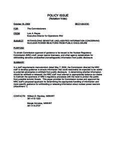 SECY[removed]Withholding Sensitive Unclassified Information Concerning Nuclear Power Reactors From Public Disclosure