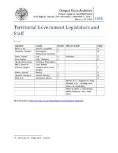 Oregon Legislators and Staff Guide 1858 Regular Session (10th Territorial): December 6, January 22, 1859