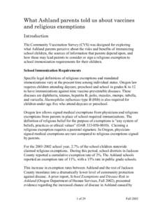 What Ashland parents told us about vaccines and religious exemptions Introduction The Community Vaccination Survey (CVS) was designed for exploring what Ashland parents perceive about the risks and benefits of immunizing