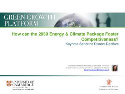 How can the 2030 Energy & Climate Package Foster Competitiveness? Keynote Sandrine Dixson-Declève Sandrine Dixson-Declève, Executive Director Director EUCLG & CPSL EU Office[removed] 320