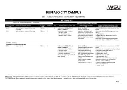 BUFFALO CITY CAMPUS 2015 – ACADEMIC PROGRAMMES AND ADMISSION REQUIREMENTS POTSDAM SITE FACULTY OF SCIENCE, ENGINEERING & TECHNOLOGY QUALIFICATION