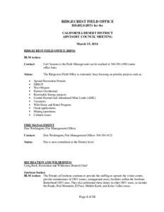 RIDGECREST FIELD OFFICE HIGHLIGHTS for the CALIFORNIA DESERT DISTRICT ADVISORY COUNCIL MEETING March 15, 2014 RIDGECREST FIELD OFFICE (RIFO)