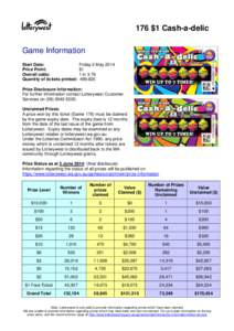 176 $1 Cash-a-delic Game Information Start Date: Price Point: Overall odds: Quantity of tickets printed: