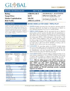 Equity Research  DAILY COMMENT SENSIO TECHNOLOGIES  SIO-V $0.265