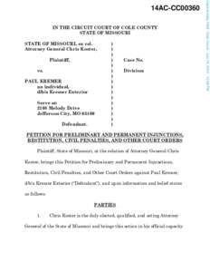 IN THE CIRCUIT COURT OF COLE COUNTY STATE OF MISSOURI STATE OF MISSOURI, ex rel. Attorney General Chris Koster, Plaintiff, vs.