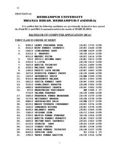 PROVISIONAL  BERHAMPUR UNIVERSITY BHANJA BIHAR, BERHAMPUR-7 (ODISHA) It is notified that the following candidates are provisionally declared to have passed the Final BCA and BBA Examination held in the month of MARCH,201