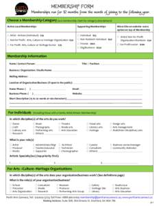 MEMBERSHIP FORM Memberships run for 12 months from the month of joining to the following year. Choose a Membership Category (see membership chart for category descriptions) Active Local Memberships  Supporting Membership