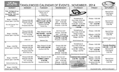 TANGLEWOOD CALENDAR OF EVENTS - NOVEMBER[removed]SUNDAY MONDAY  TUESDAY