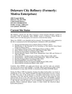 Region 3 GPRA Baseline RCRA Corrective Action Facility  Delaware City Refinery (Formerly: Motiva Enterprises) DED00239738