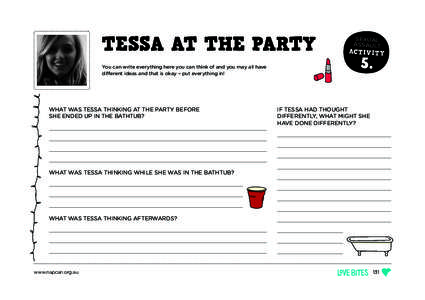 TESSA AT THE PARTY You can write everything here you can think of and you may all have different ideas and that is okay – put everything in! WHAT WAS TESSA THINKING AT THE PARTY BEFORE SHE ENDED UP IN THE BATHTUB?