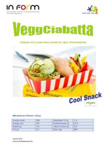 Ciabatta mit Linsen-Nuss-Aufstrich, dazu Rohkoststicks  vegan Nährwerte pro Portion: (130 g) Energie (kcal)