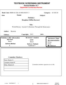 TEXTBOOK SCREENING INSTRUMENT Social Studies 6-7 September Consensus Review Book Code: HMH[removed]WHANCIV-3