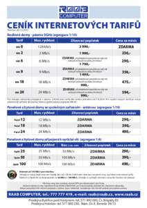 CENÍK INTERNETOVÝCH TARIFŮ Platnost odRodinné domy - pásmo 5GHz (agregace 1:10) Tarif