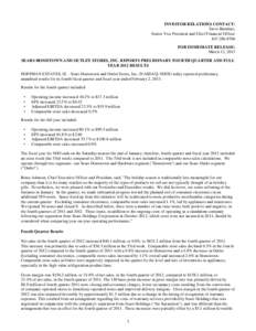 INVESTOR RELATIONS CONTACT: Steve Barnhart, Senior Vice President and Chief Financial Officer[removed]FOR IMMEDIATE RELEASE: March 12, 2013