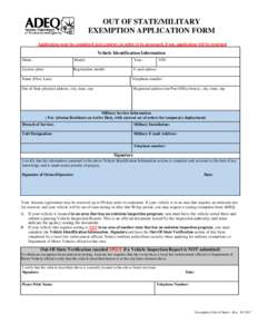 APPLICATION FOR MILITARY OUT OF STATE VEHICLE EXEMPTION