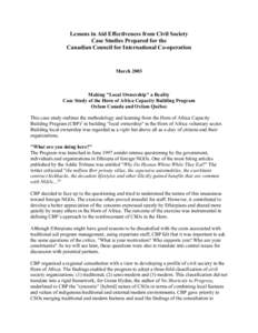 Lessons in Aid Effectiveness from Civil Society Case Studies Prepared for the Canadian Council for International Co-operation March 2003