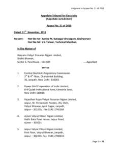 Judgment in Appeal No. 21 of[removed]Appellate Tribunal for Electricity (Appellate Jurisdiction) Appeal No. 21 of 2010 Dated: 11th November, 2011