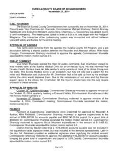 EUREKA COUNTY BOARD OF COMMISSIONERS November 21, 2014 STATE OF NEVADA COUNTY OF EUREKA  )