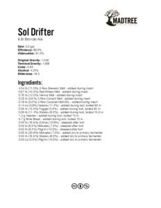 Sol Drifter 6-B Blonde Ale Size: 5.0 gal Efficiency: 90.0% Attenuation: 81.0%