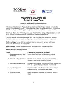 Washington Summit on Smart Screen Time Inventory of Smart Screen Time Initiatives The focus of Nutrition and Physical activity initiatives in Washington State is to “make the healthy choice the easy choice.” Our over