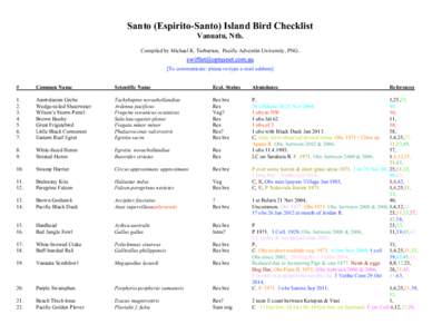 Santo (Espirito-Santo) Island Bird Checklist Vanuatu, Nth. Compiled by Michael K. Tarburton, Pacific Adventist University, PNG. [To communicate: please re-type e-mail address] #