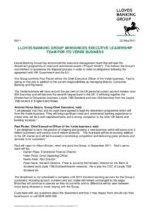 [removed]May 2011 LLOYDS BANKING GROUP ANNOUNCES EXECUTIVE LEADERSHIP TEAM FOR ITS VERDE BUSINESS