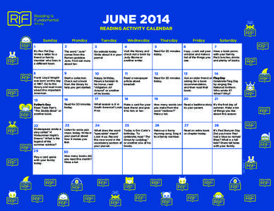 JUNE 2014 READING ACTIVITY CALENDAR Sunday Monday
