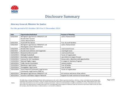 Disclosure Summary Attorney General, Minister for Justice For the period of 01 October 2014 to 31 December 2014 Date[removed]