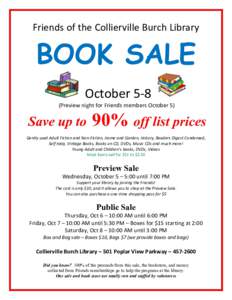 Friends of the Collierville Burch Library  BOOK SALE October 5-8 (Preview night for Friends members October 5)