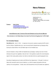 News Release  AmpleHarvest.org, Inc. 24 Clover Rd Newfoundland, NJ[removed]Telephone: AMPLE[removed]9880)