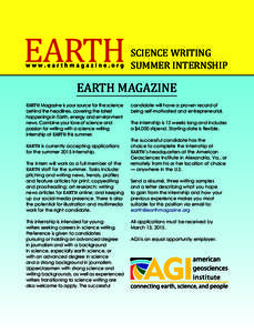 SCIENCE WRITING SUMMER INTERNSHIP EARTH MAGAZINE  EARTH Magazine is your source for the science