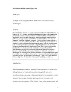 Surveillance, Power and Everyday Life  David Lyon A chapter for the Oxford Handbook of Information and Communication Technologies